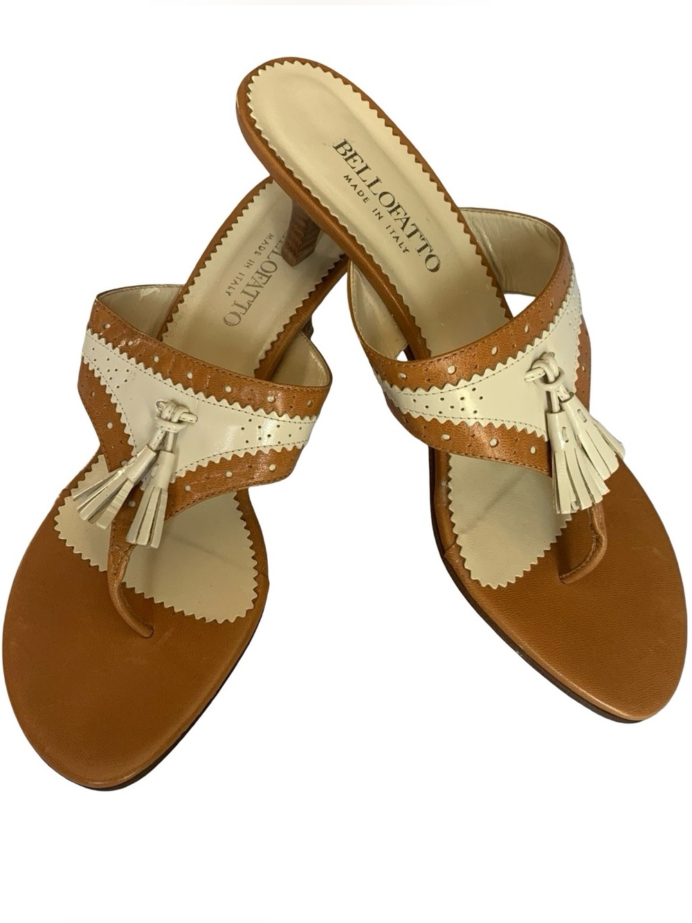 Bellofatto Genuine Leather Kitten Heel Flip Flops Italian Resort Gold Ivory 8